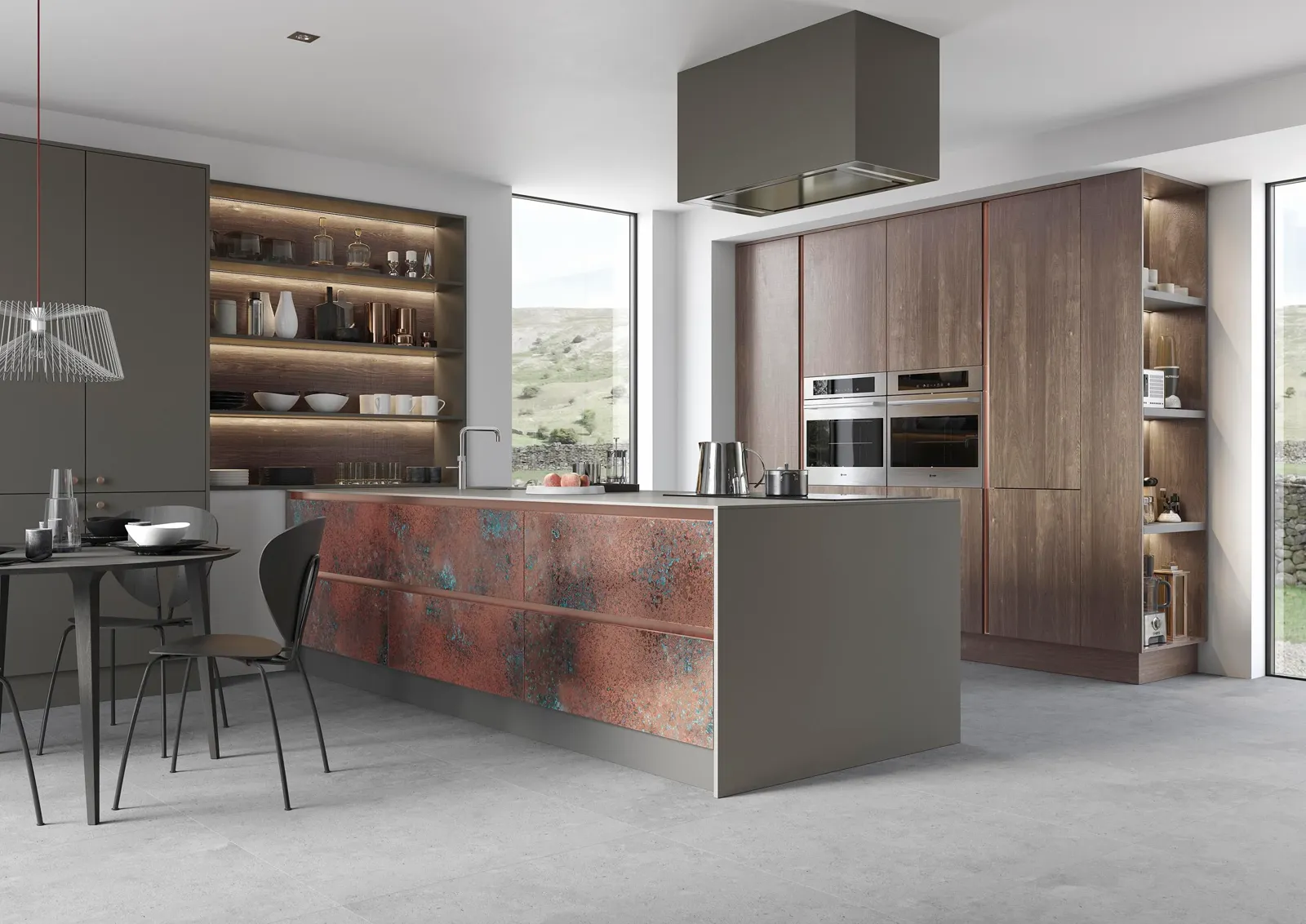Bespoke kitchen with oxidised copper island and espresso oak cabinetry