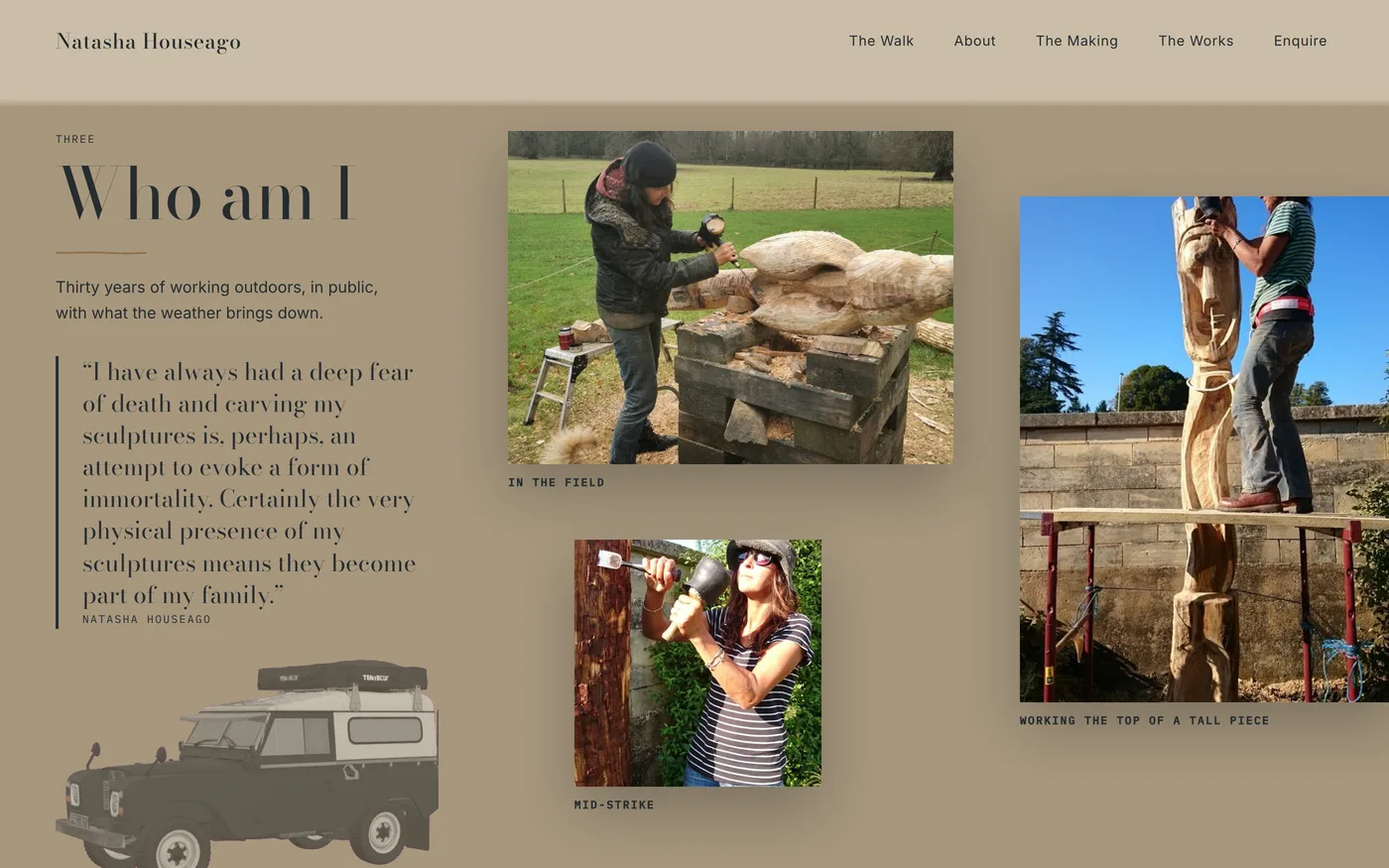 The Who am I section with Natasha Houseago’s own quotation and three field photographs