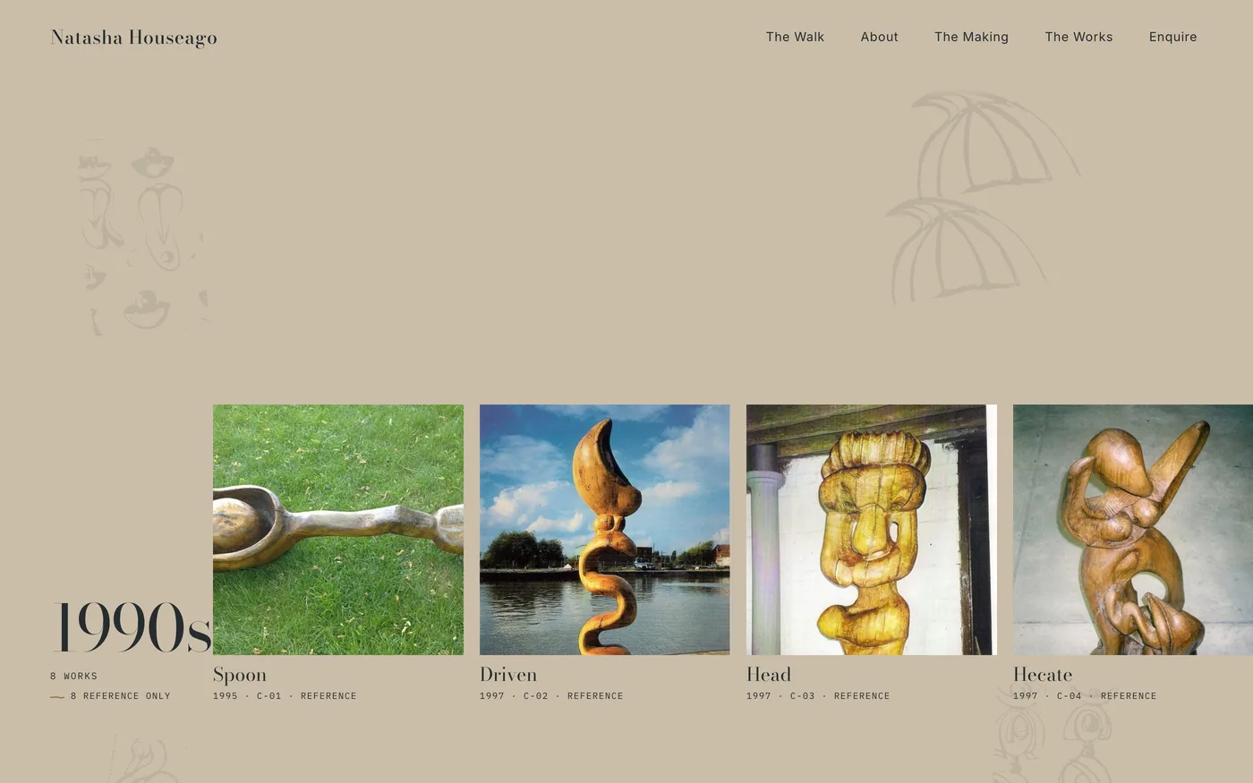 The catalogue of Natasha Houseago’s work, beginning in the 1990s with every entry marked