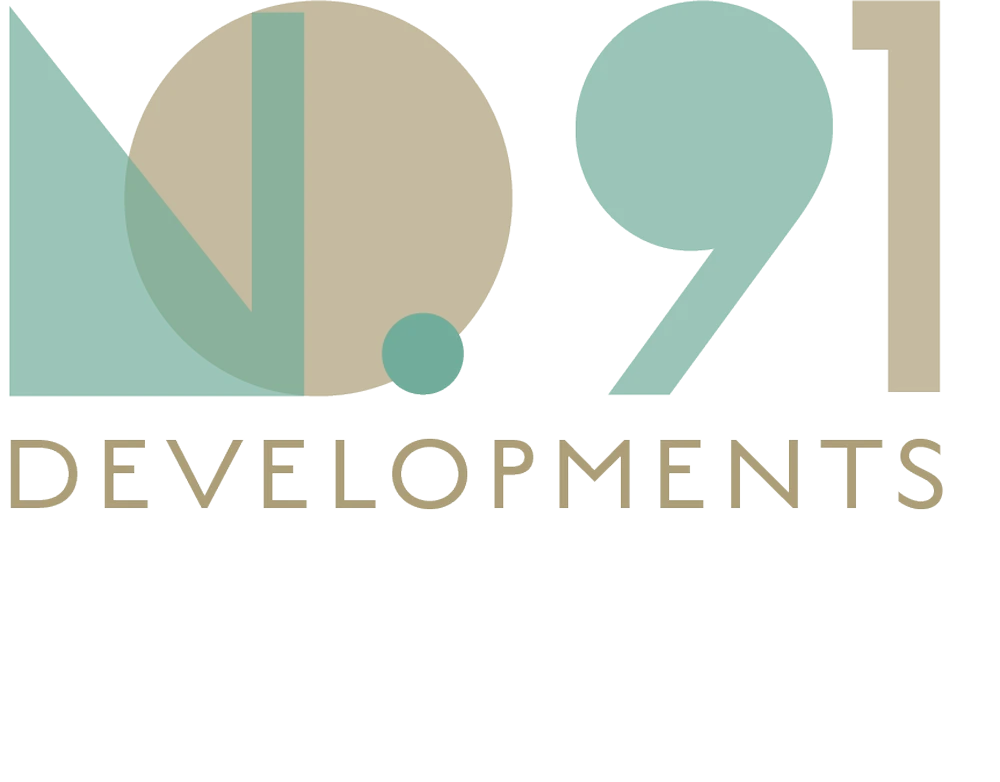 No.91 Developments logo: interlocking NO 91 letterforms in sage and tan