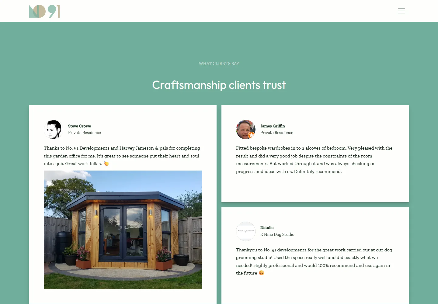 No.91 portfolio page showing client testimonials with project photography