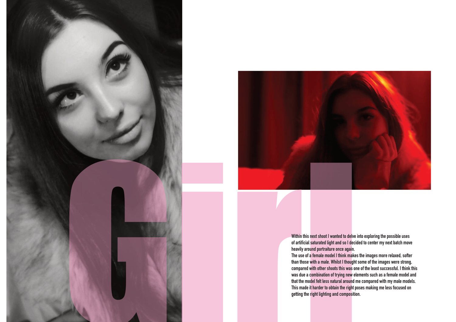 A spread titled Girl in large pink type, with a black and white portrait and a red-lit portrait side by side