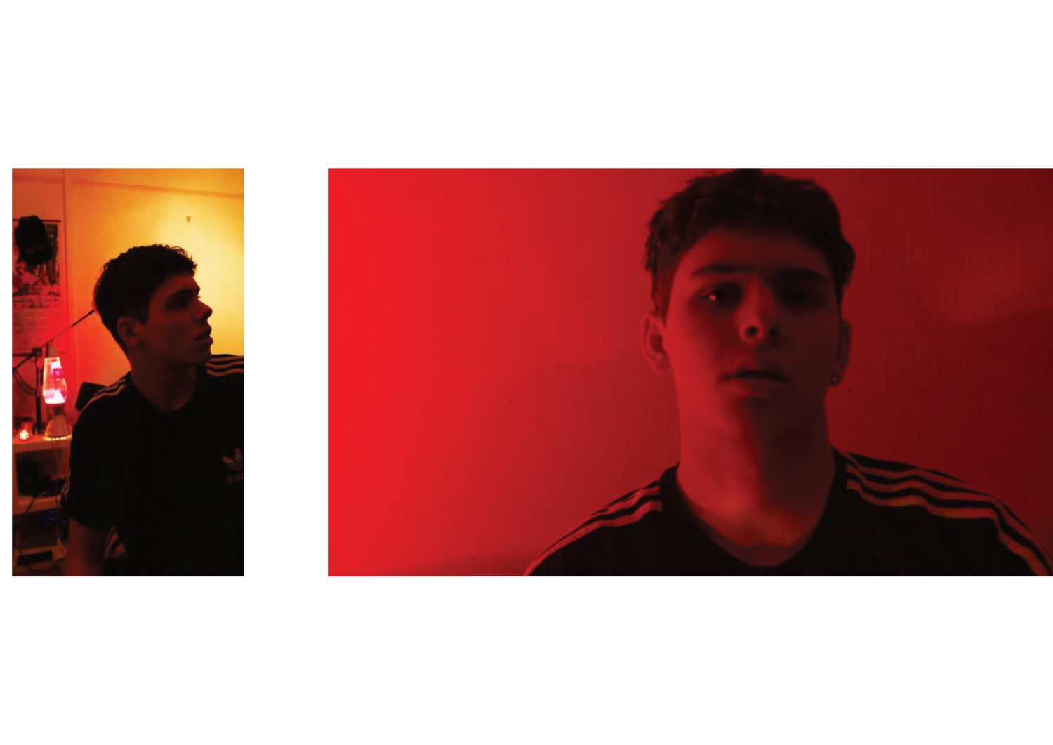 A spread with two portraits lit in deep red, one profile and one facing camera