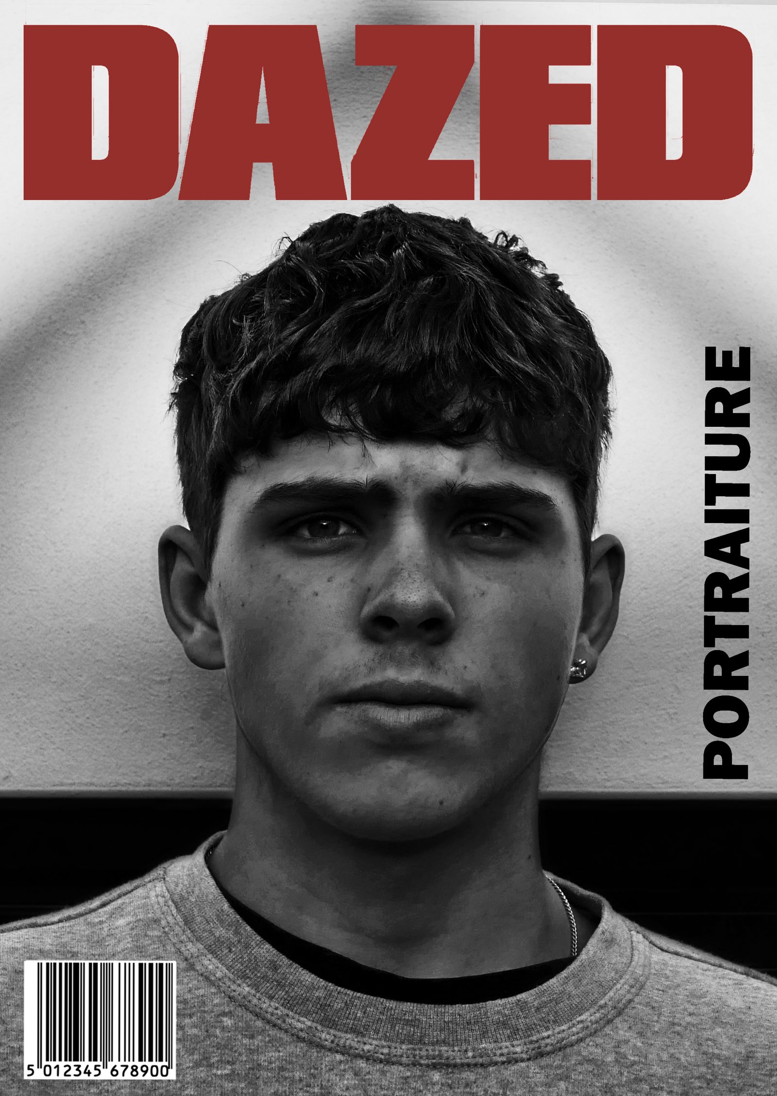 A mocked-up Dazed magazine cover using the black and white portrait, with a masthead, barcode and the word Portraiture running up the right edge