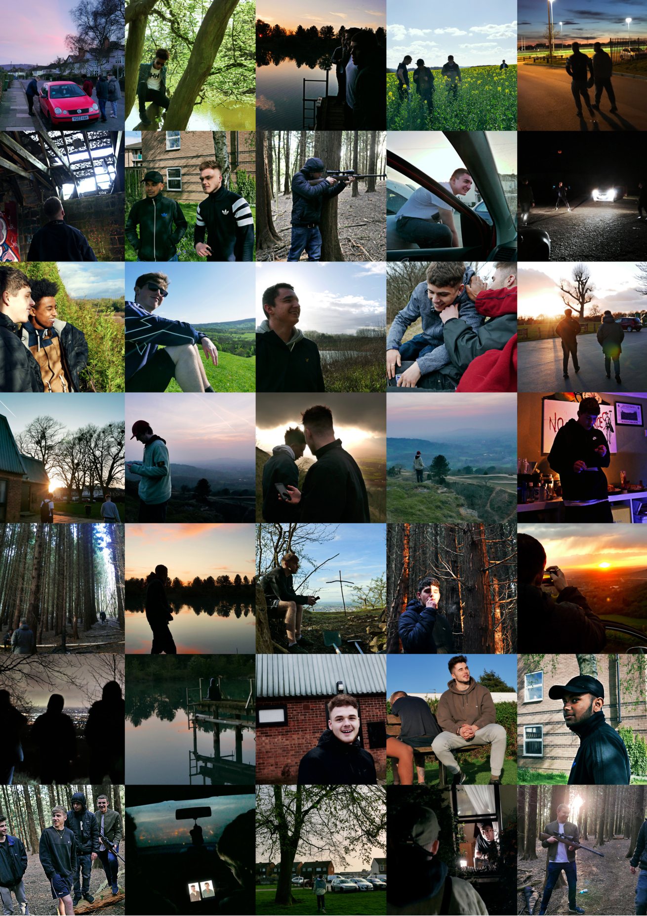 An opening page made entirely of a dense contact sheet: dozens of small photographs of friends, cars, woods and sunsets tiled edge to edge