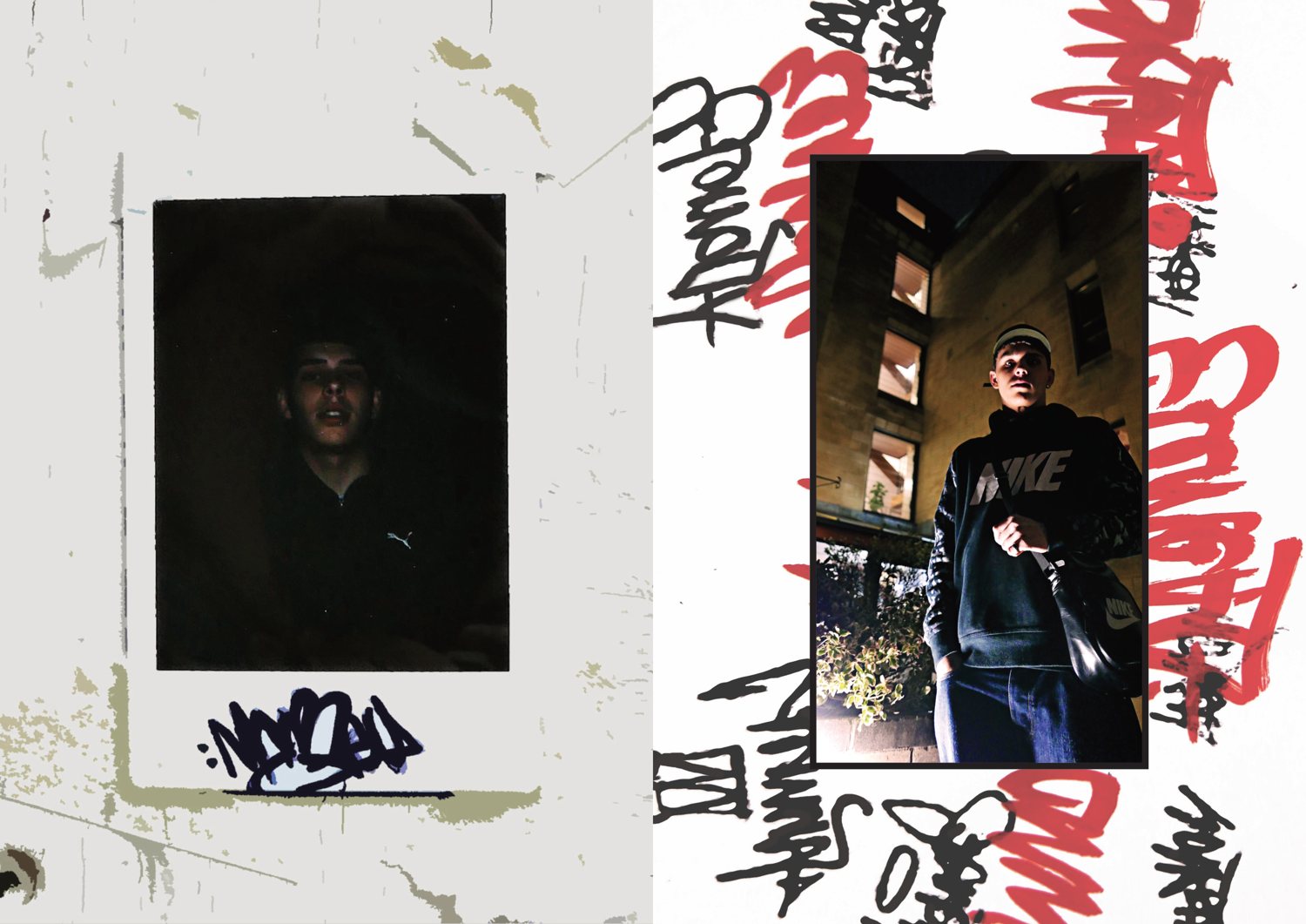 A spread with a dark Polaroid-style portrait on the left and a night portrait on the right, both surrounded by hand-drawn red graffiti tags