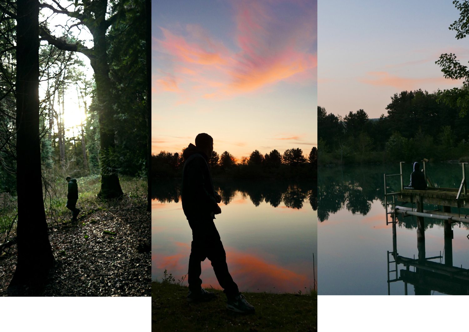 A spread of three vertical frames: woodland, a figure walking at the water's edge, and a pink sunset over a reservoir