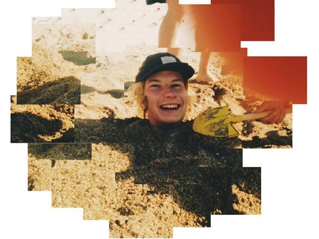 A portrait of a laughing young man in a cap, assembled from overlapping rectangular photographic fragments with visible edges, on a sandy background