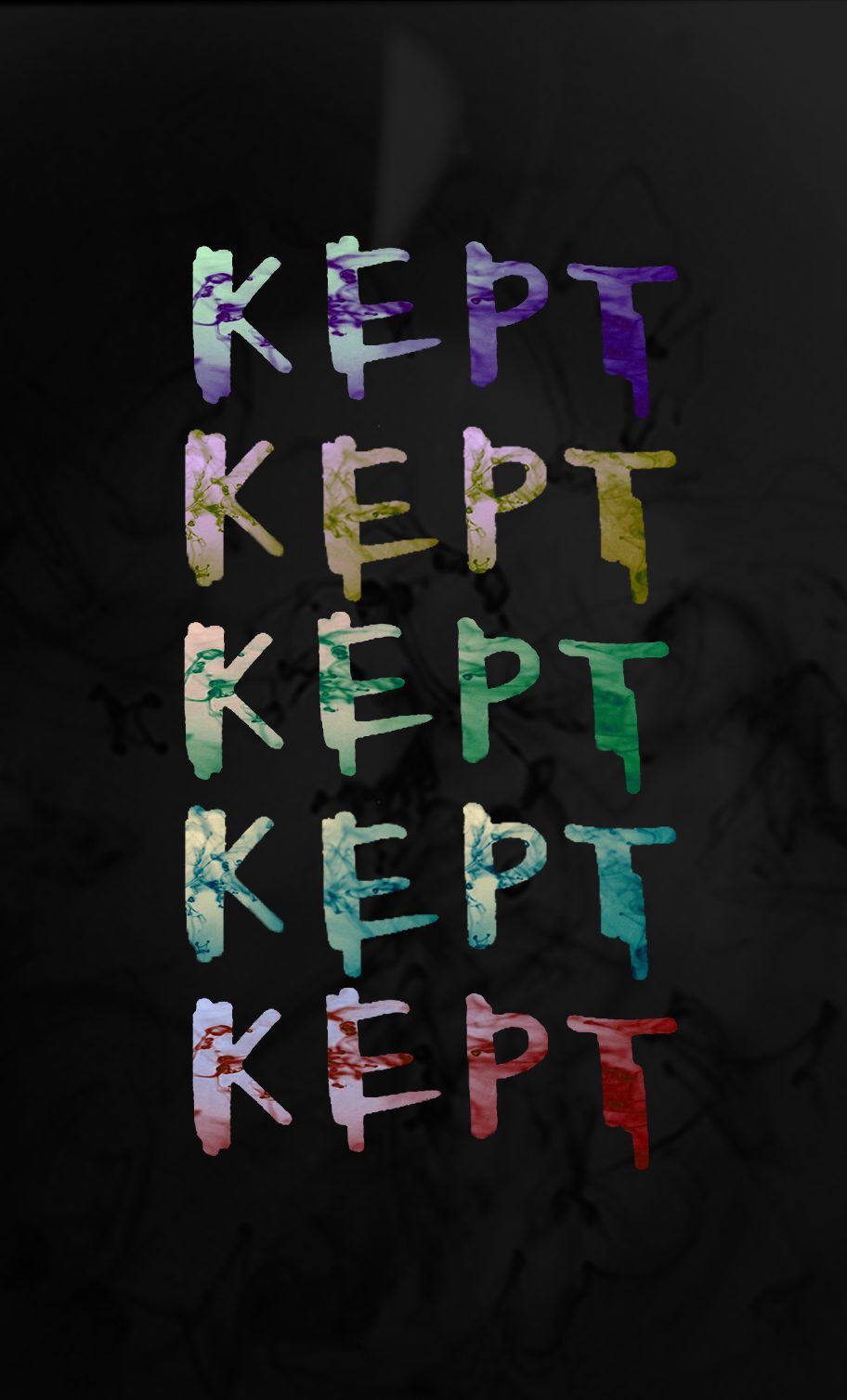 The word Kept repeated five times down a dark frame, each in a different colour with the channels offset
