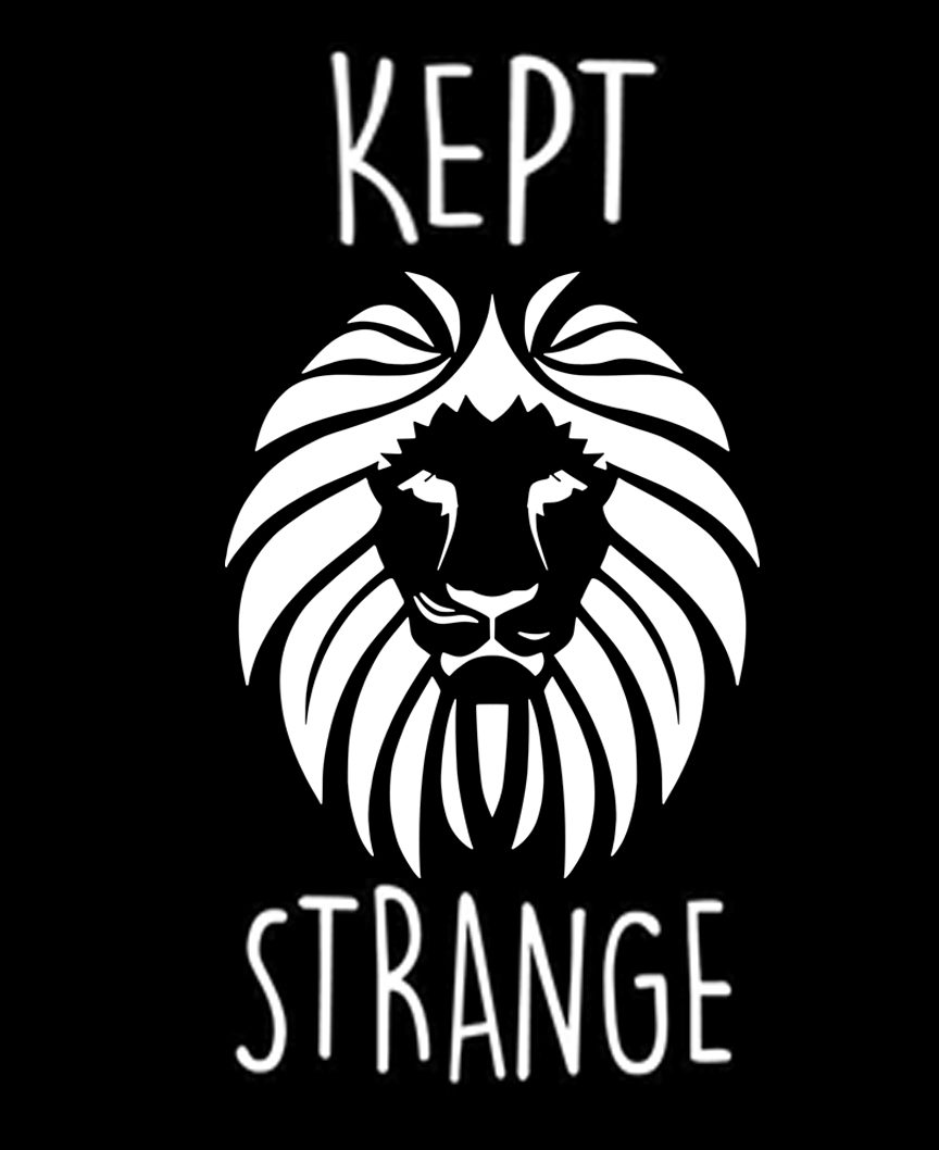 A white line-drawn lion's head on black, locked up above and below with the words Kept Strange