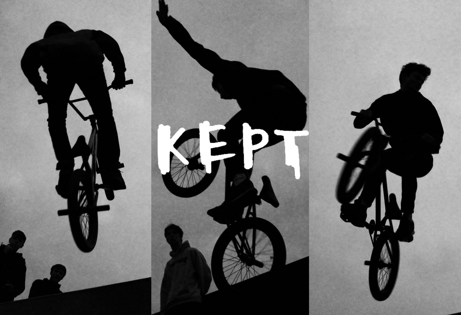 Three black and white frames side by side: a rider silhouetted mid-drop, a figure with an arm raised, and a rider landing, with the word KEPT set across the middle panel