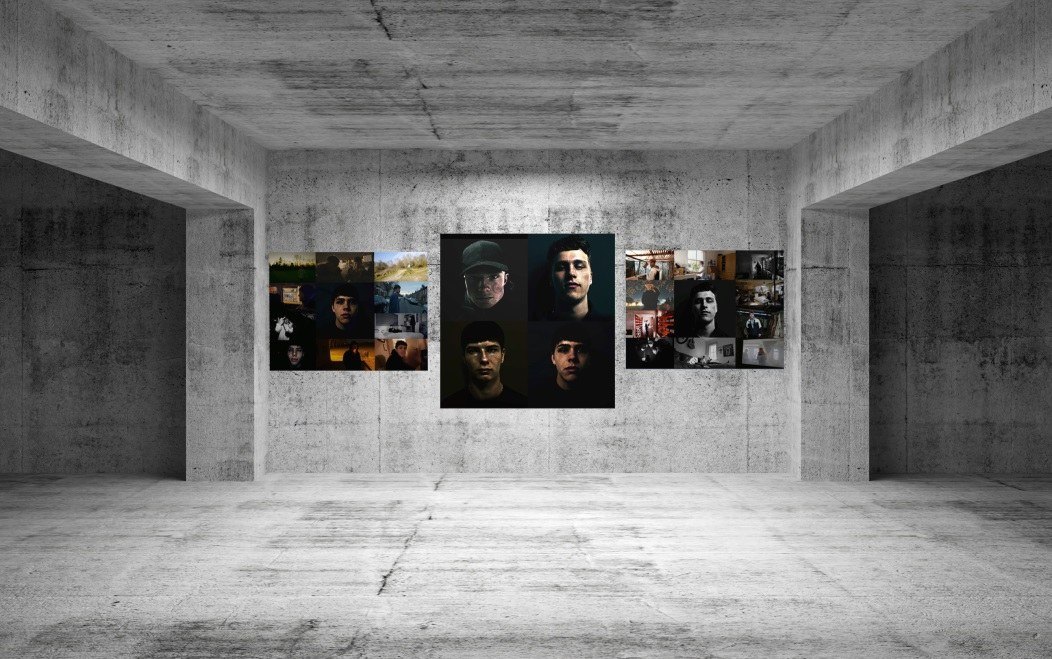 A mock-up of a bare concrete gallery space with the portrait grid hung small and centred on the far wall