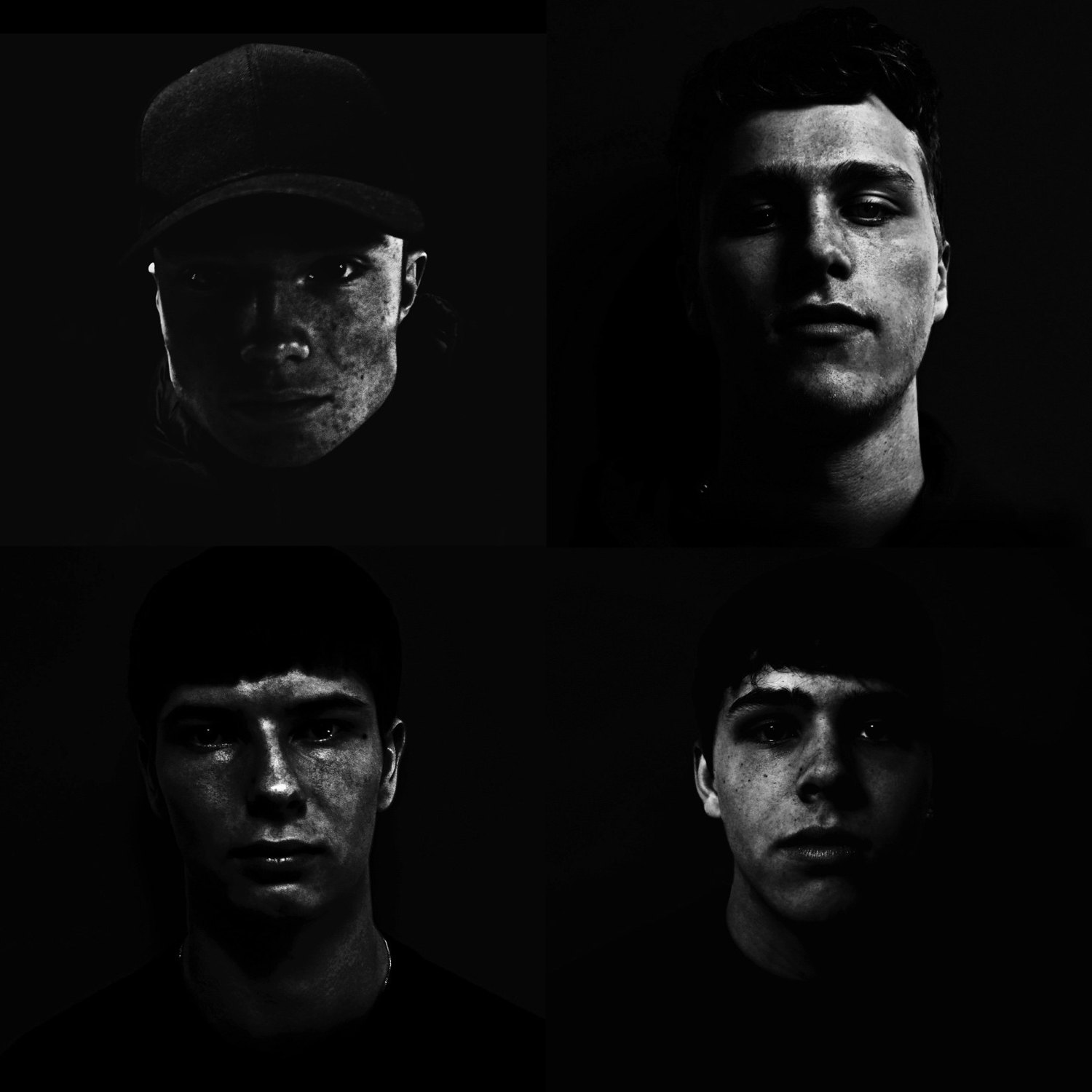 Four low-key portraits arranged as a two by two grid on black, the same subject lit four different ways