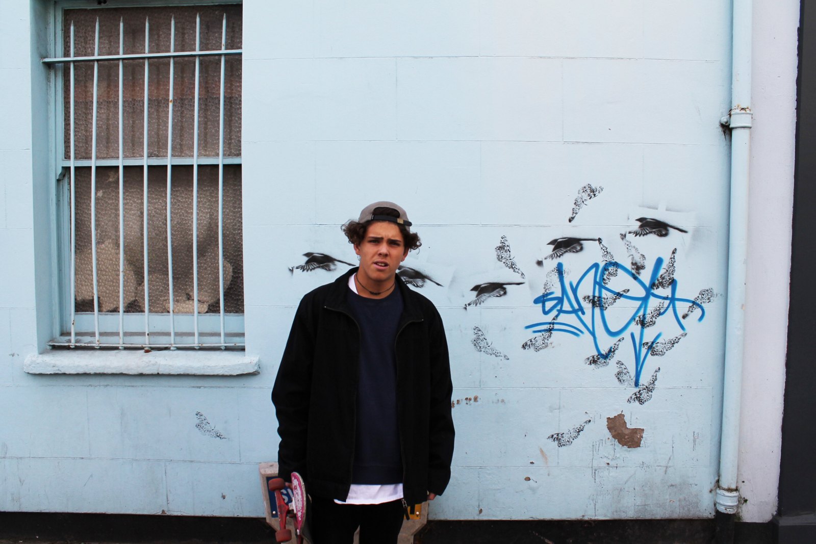 A skater standing against a pale blue wall covered in pasted bird stencils and blue spray tags, board held behind him