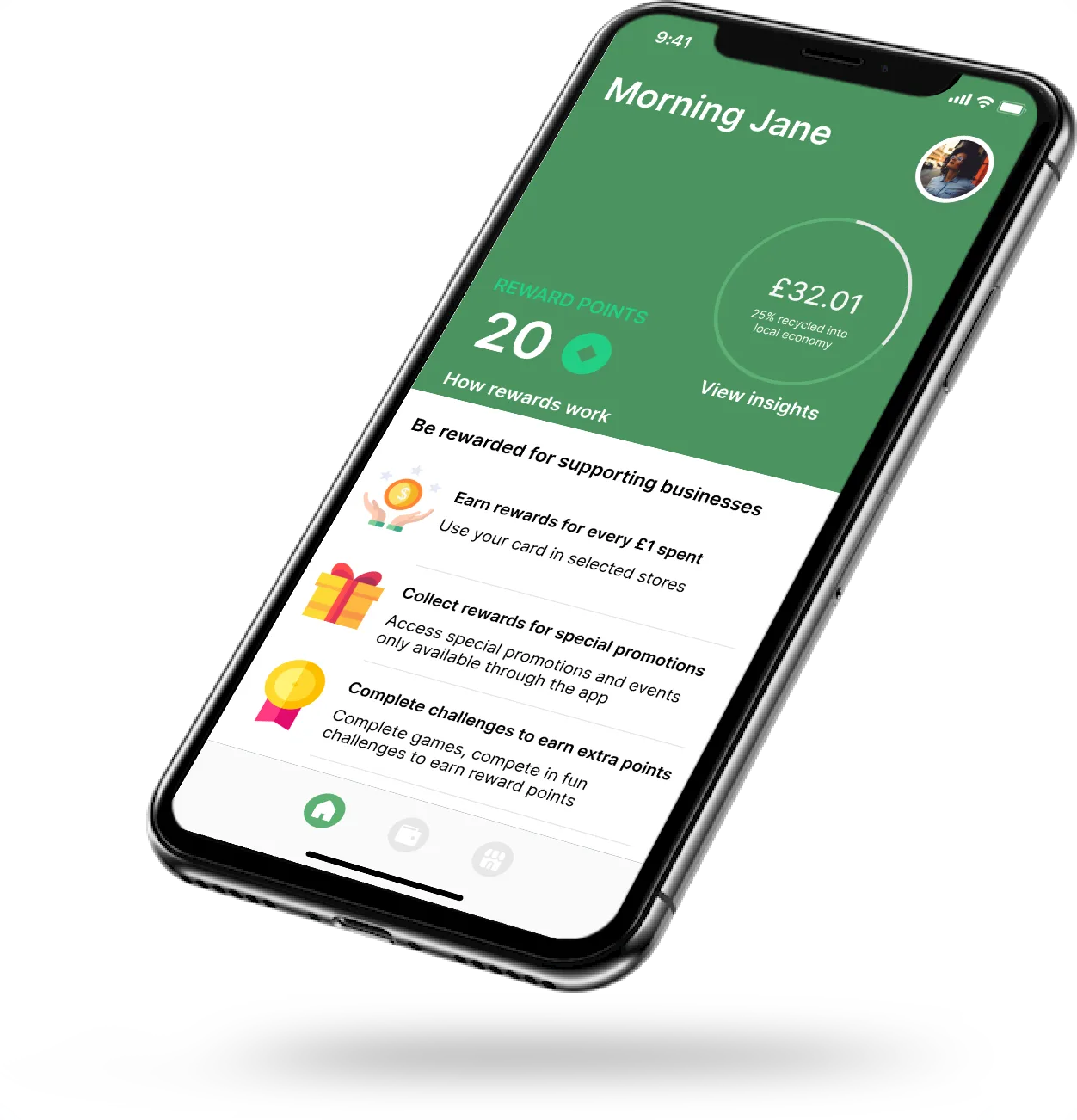 App home screen showing points balance and how rewards work