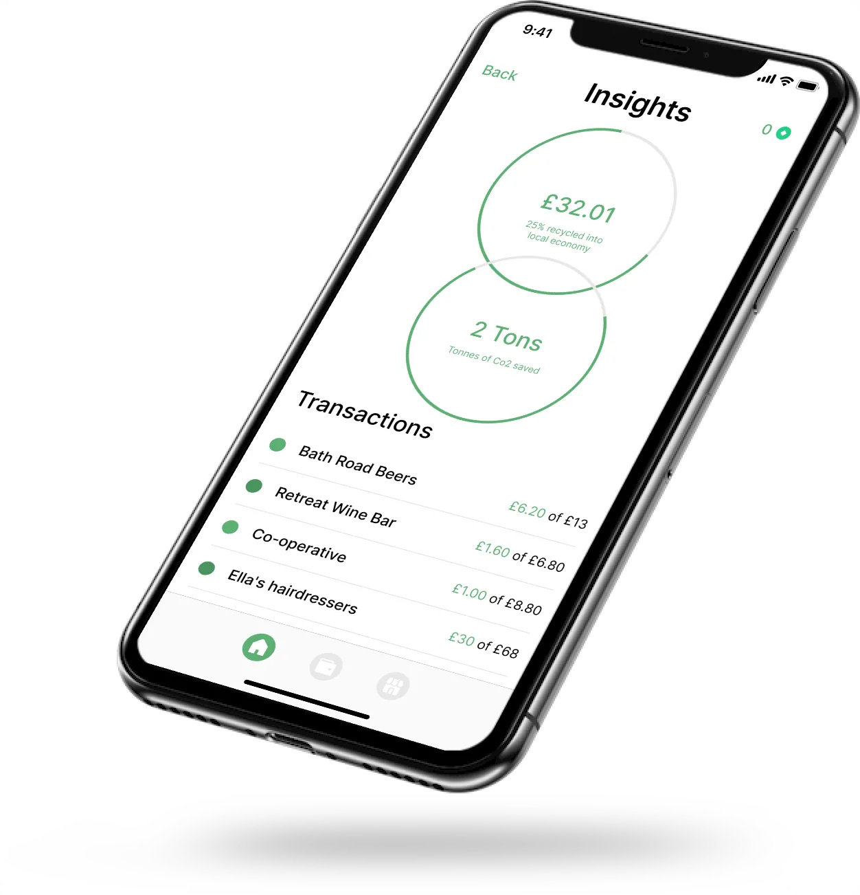 Insights screen showing local spend, carbon saved and recent transactions at named local businesses