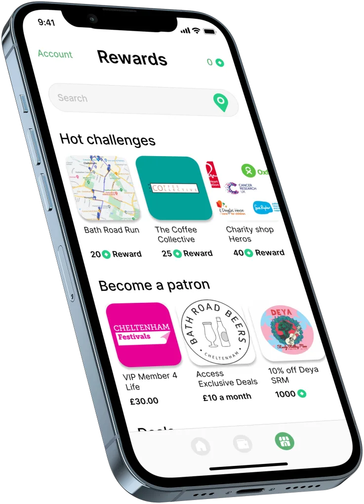 Rewards screen with local challenges and patron tiers for Cheltenham businesses