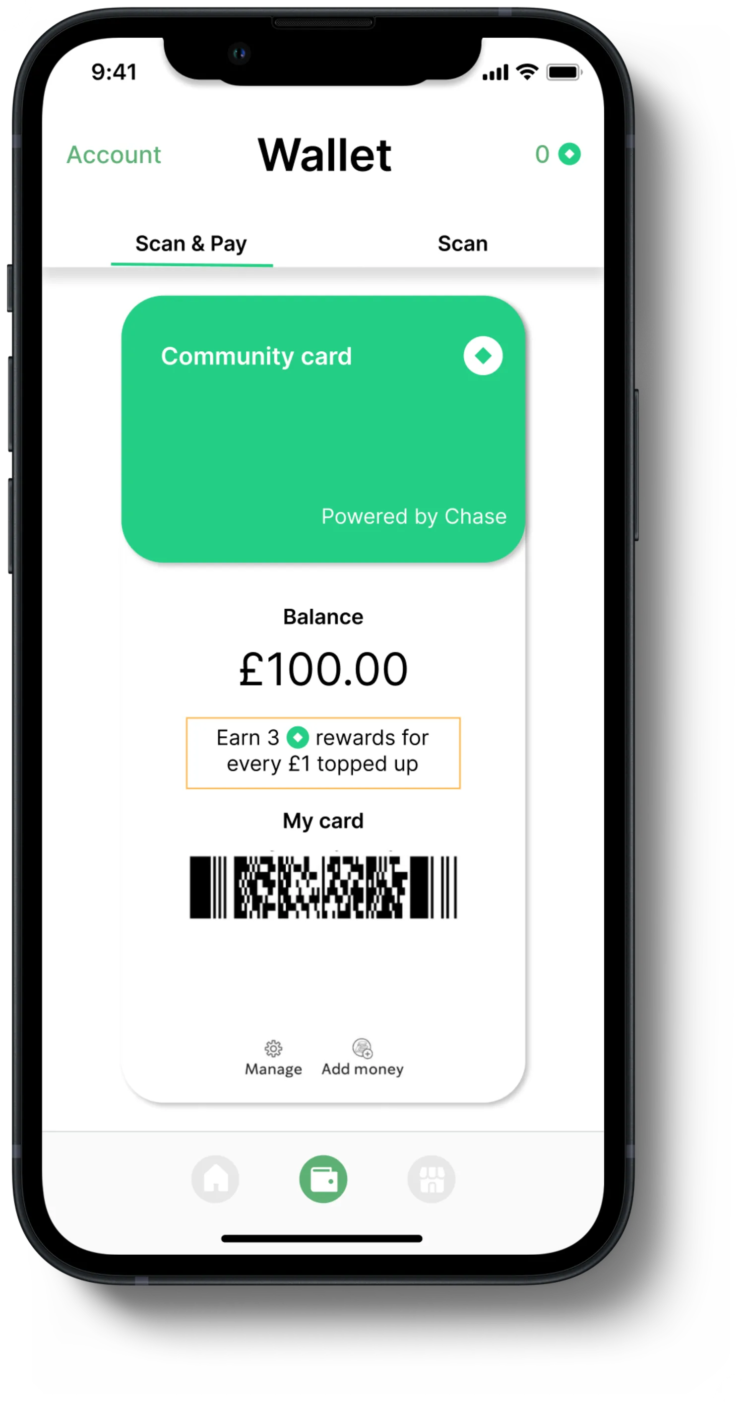 Wallet screen with community card, balance and scannable code