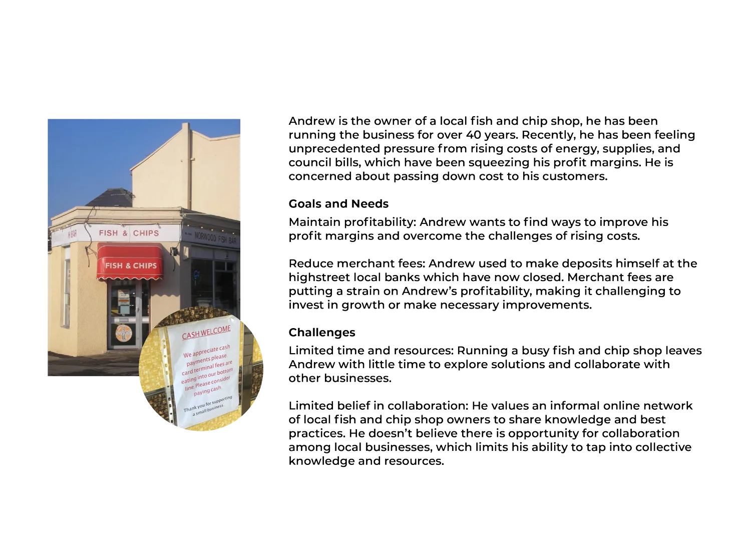 Persona sheet for Andrew, owner of a local fish and chip shop, with his shopfront photographed