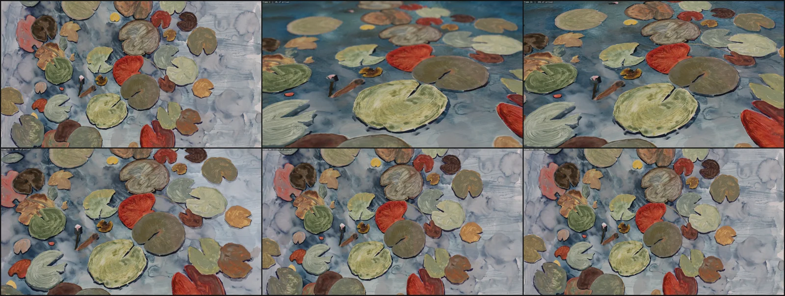 A contact sheet of six frames: the Blue Lilies world image, then the camera arriving from a low glance across the pond to straight above