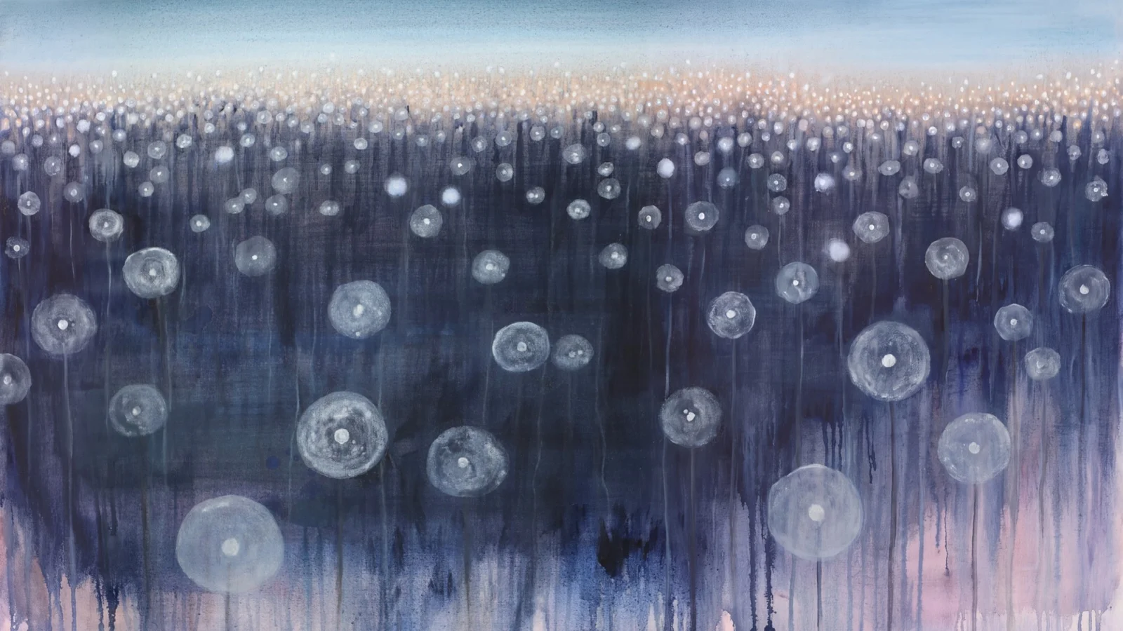 Poppies, Sam Boyle's night field of glowing white seed heads on thin stems, rendered from where the painter stood, the field running out to a pale horizon