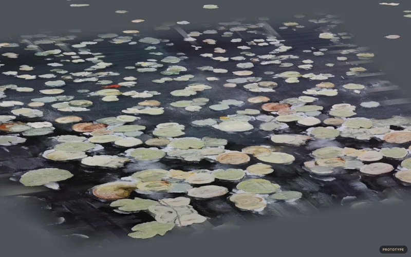 Dark pond turned, tilted and leaned back: the pond ends in a hard diagonal edge with flat grey beyond it