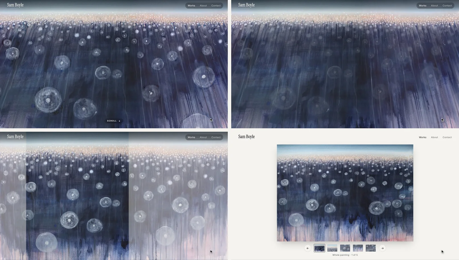 Four stages of the Poppies page: the live field under a small Scroll label, the arrival with the seed heads still dark, Sam's painting alone as the field fades to paper, and the painting on the wall with a strip of close-up thumbnails
