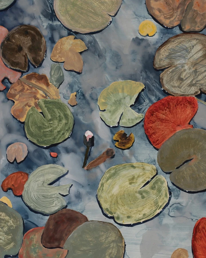 Blue Lilies as Sam painted it: a portrait canvas of lily pads on a pale grey-blue wash