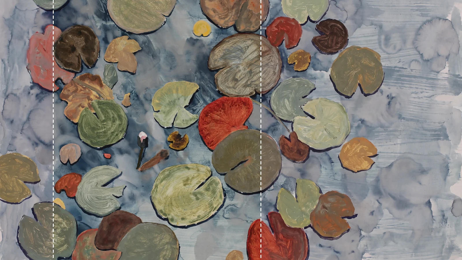 The same painting inside a wide landscape of pond, with dashed white lines marking where Sam's canvas ends and the generated surround begins