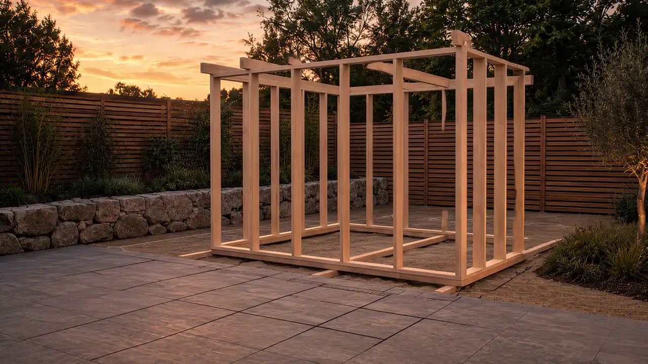 Bare timber frame standing in the garden