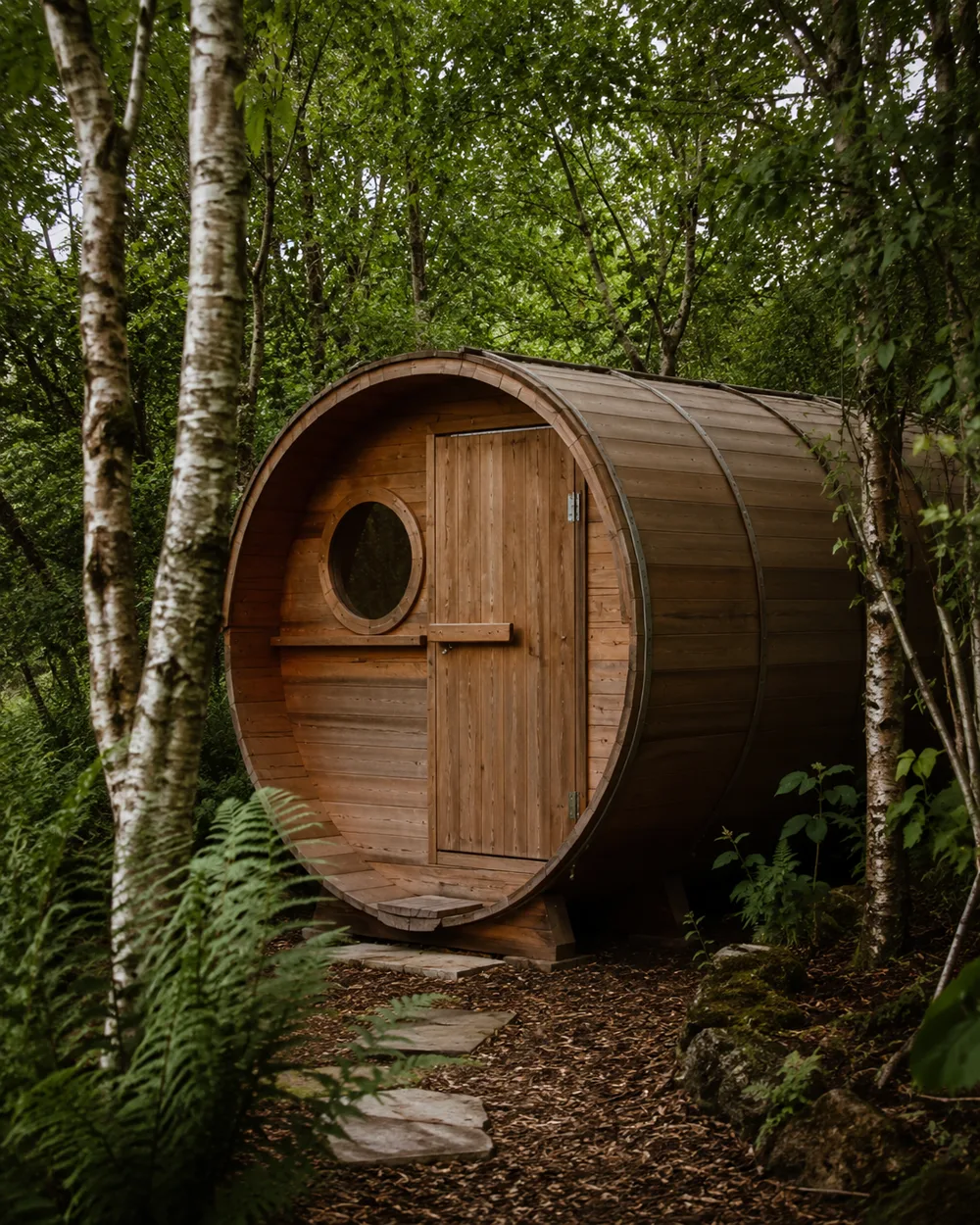 Traditional barrel sauna in a garden