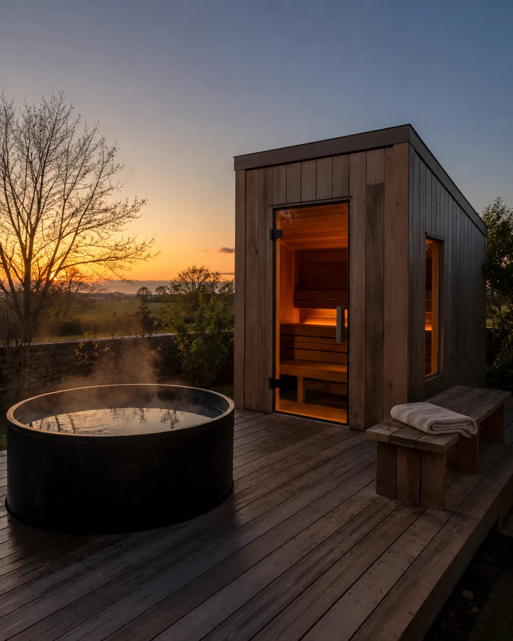 Cold plunge tub beside decking
