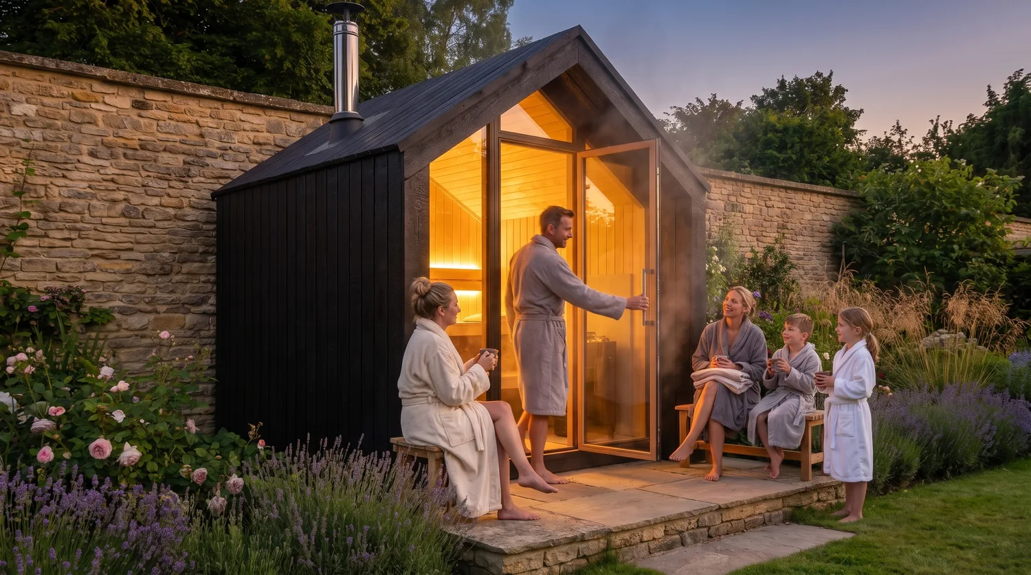 Family lifestyle shot by the sauna