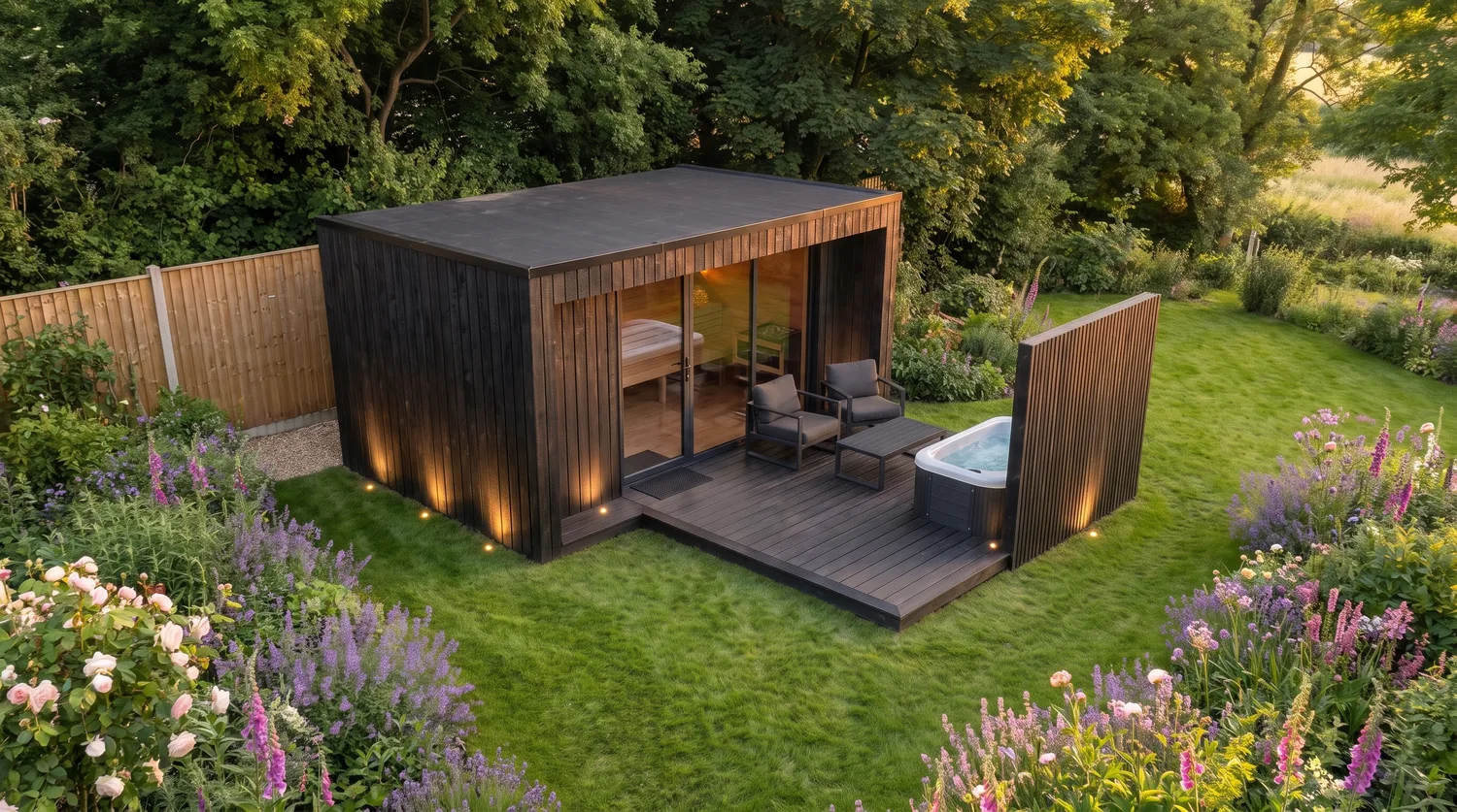Top-down render showing the sauna's footprint in the garden