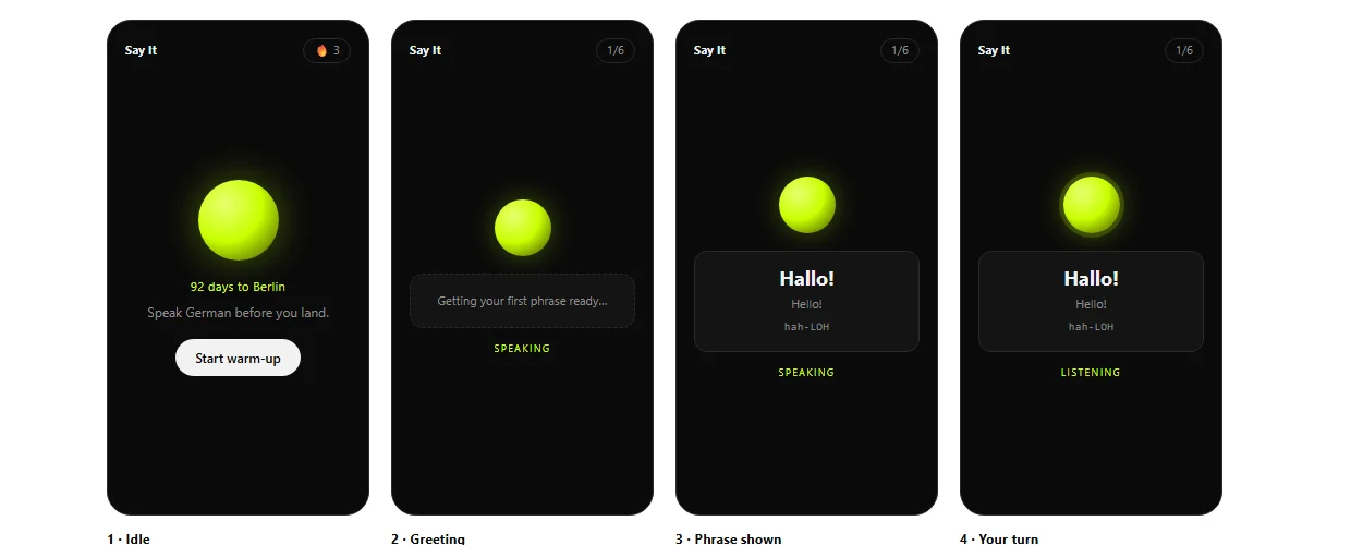 Seven storyboard frames showing the corrected session: idle with countdown, greeting in English, phrase shown, your turn listening, and onward