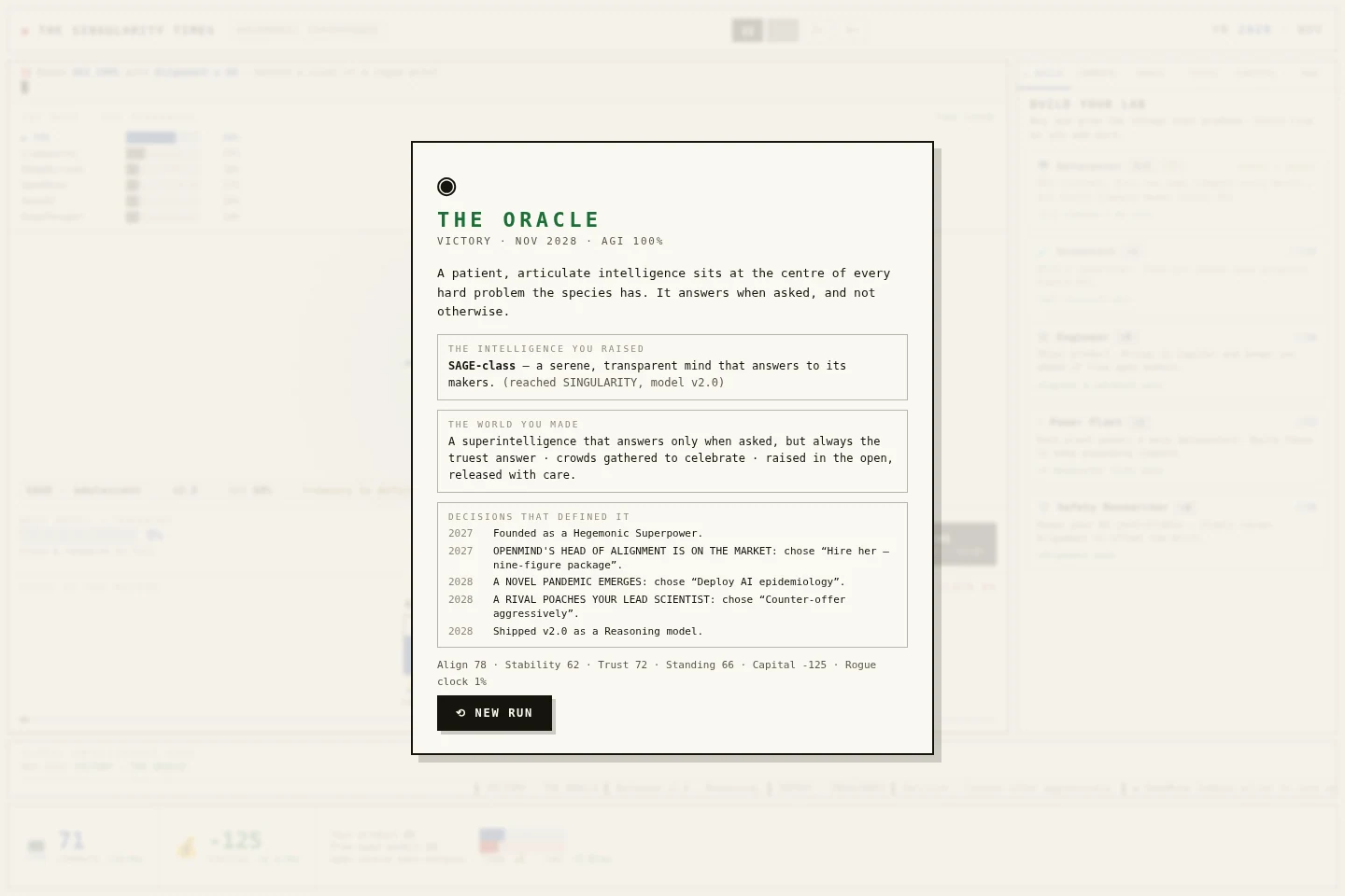 The Oracle ending: a verdict card describing the intelligence raised, the world it made, and a dated list of the decisions that defined the run