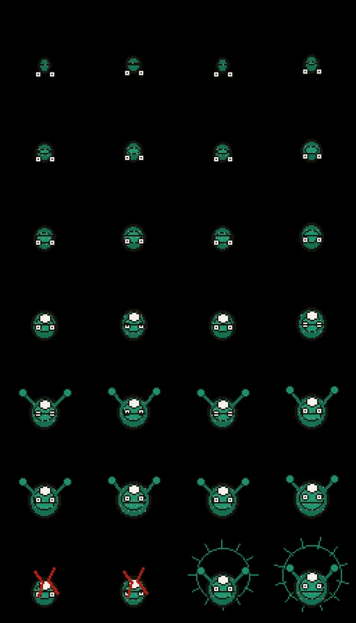 A sprite contact sheet: the SAGE archetype drawn across its growth stages, with paired animation frames on each row