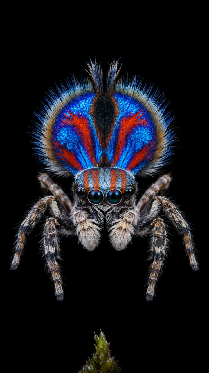 Round six: a peacock spider face on, filling a black frame, no habitat