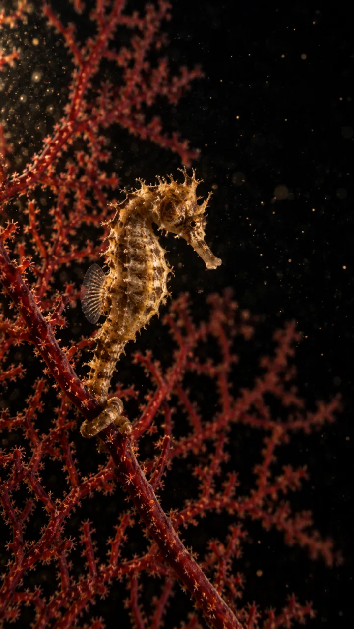 Round nine: a seahorse holding a branch of red coral against black water