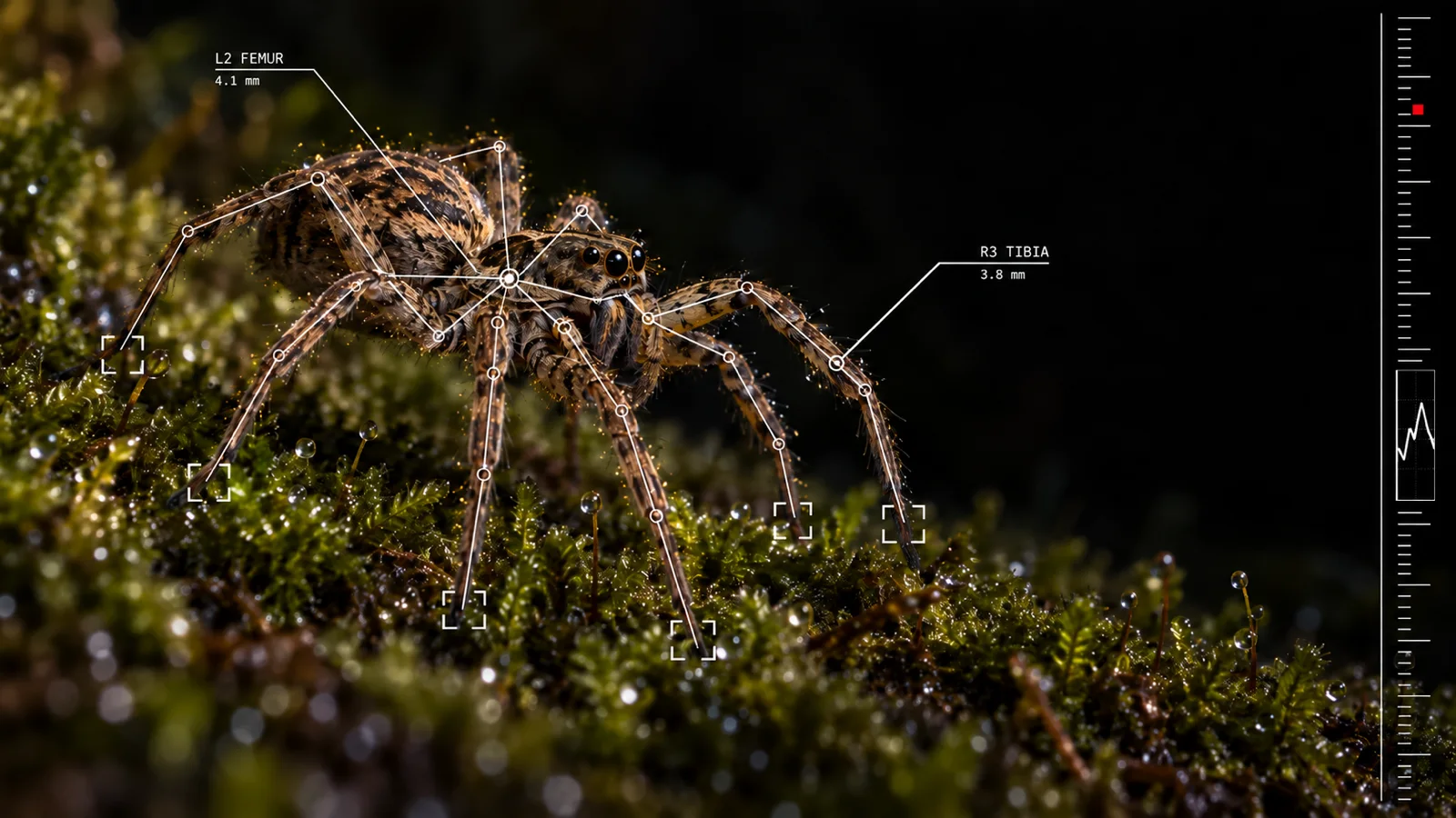 A wolf spider on wet moss against black, white tracking lines joining its leg joints, callouts reading L2 femur 4.1 mm and R3 tibia 3.8 mm