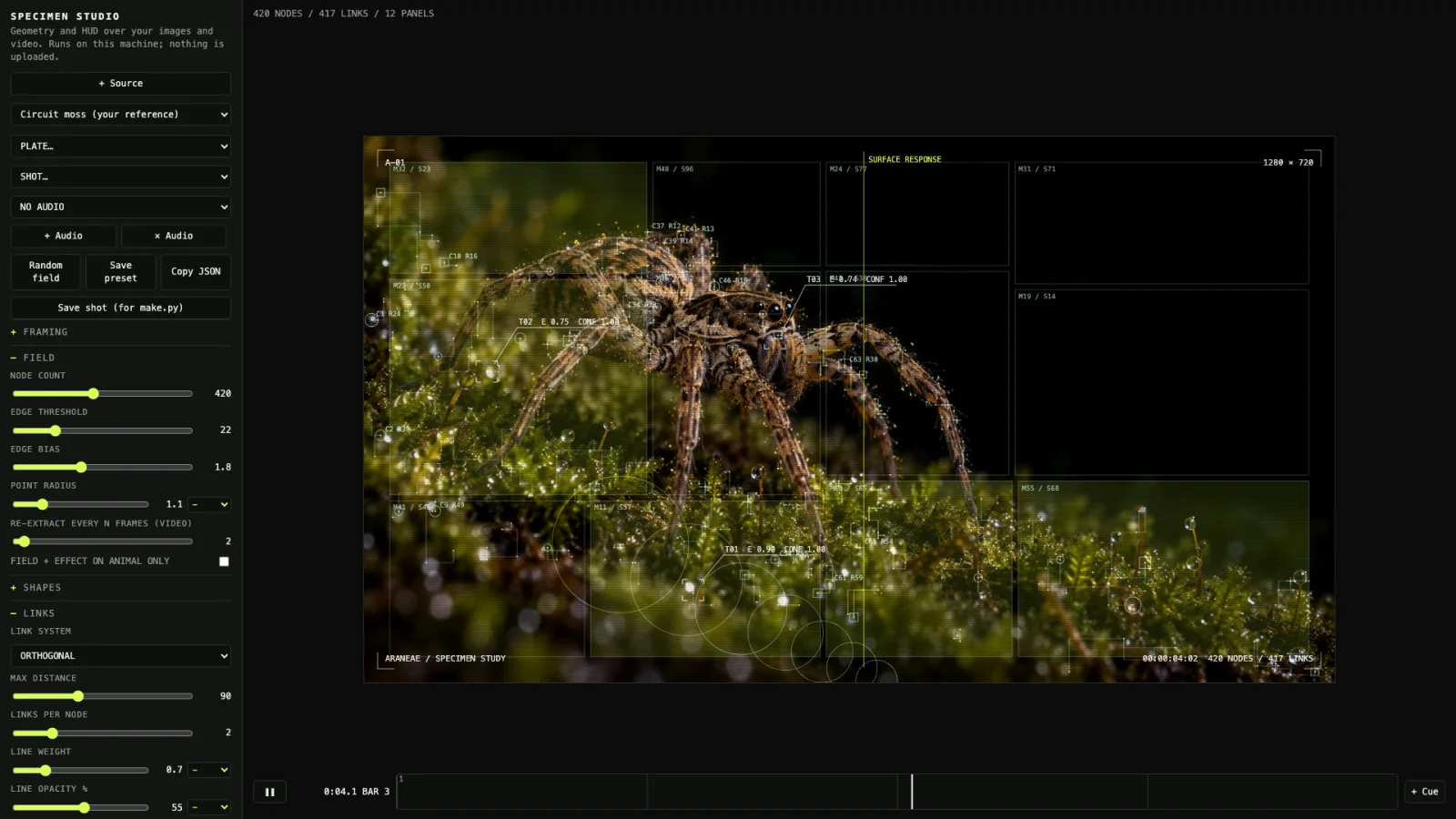 The studio interface: a control column of sliders on the left, the spider plate centre with orthogonal links, panel labels and a telemetry frame, a timeline with bar markers along the bottom