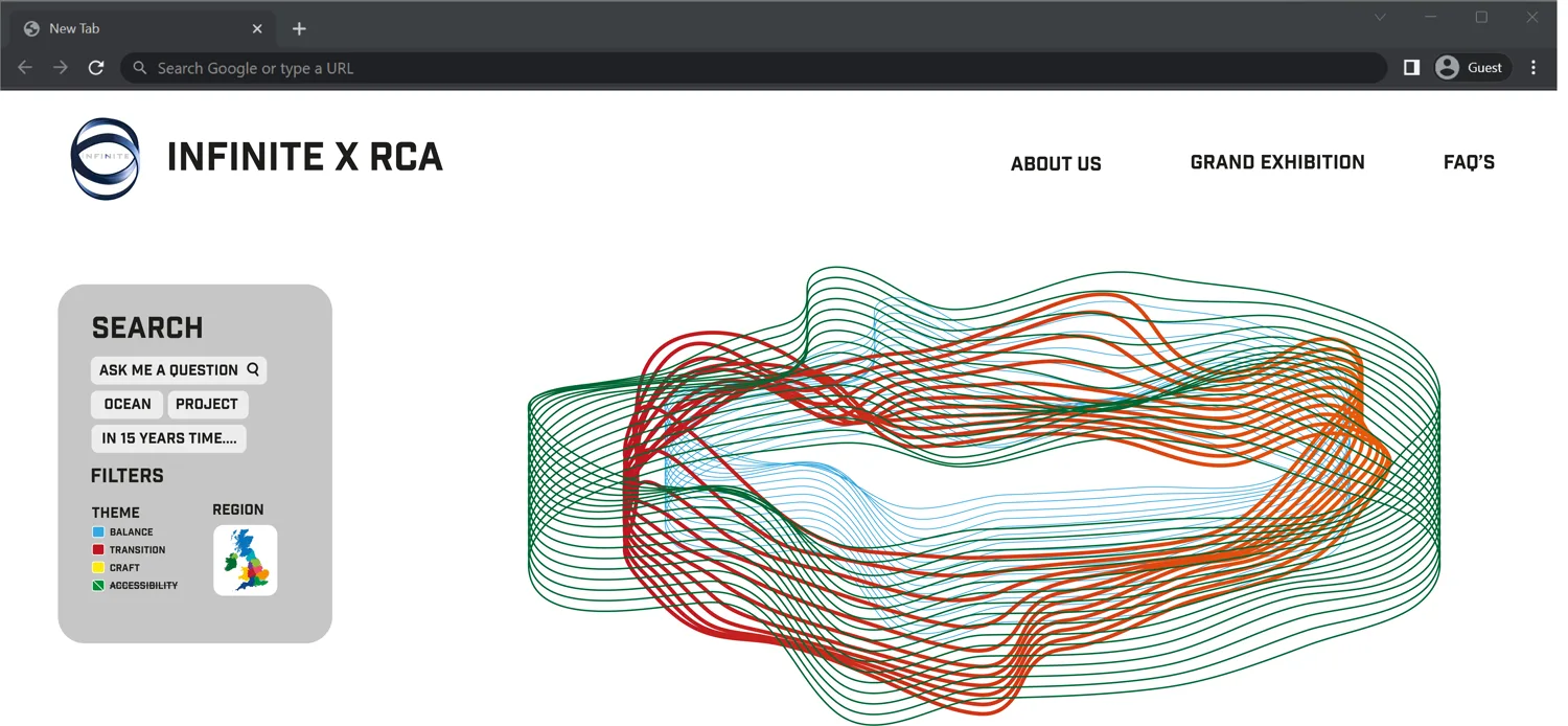 Search interface with natural-language query box and theme and region filters over woven threads