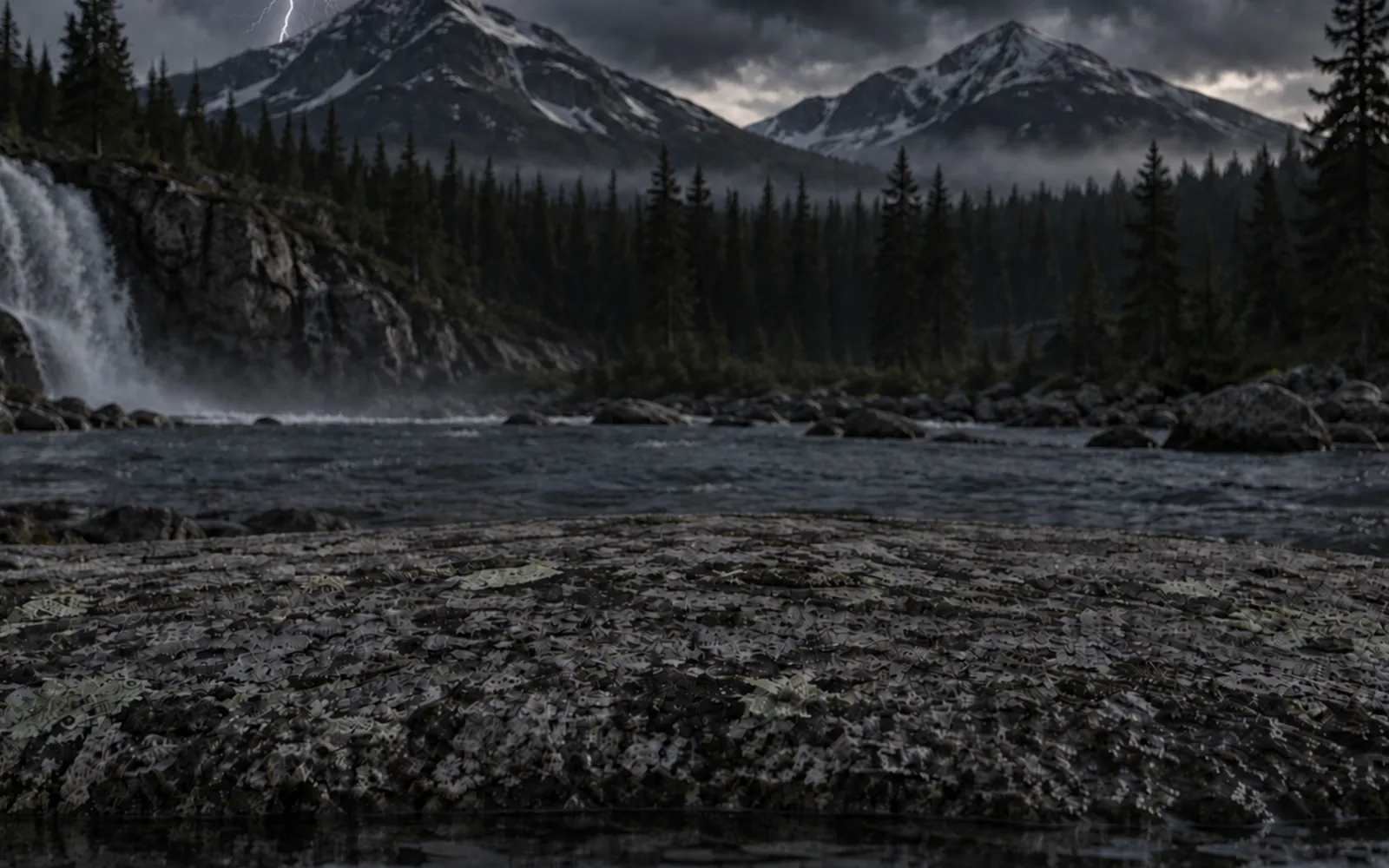 A storm over two peaks, lightning striking behind the left one, an empty granite slab in front