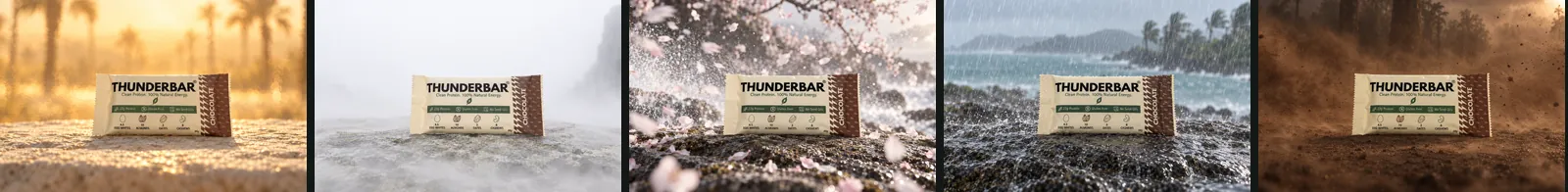 The five middle frames: amber heat haze, white fog, a blossom blizzard, a tropical squall, a cocoa dust storm