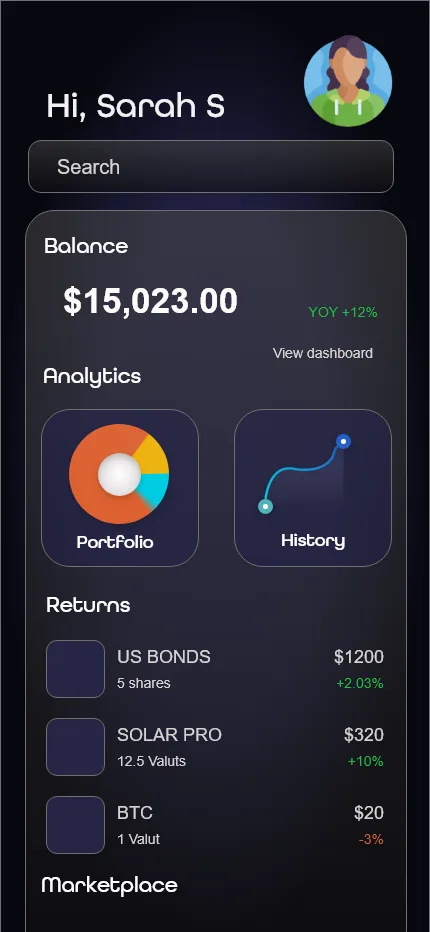 App dashboard showing balance, portfolio and history analytics, and returns from US bonds, a solar project and BTC