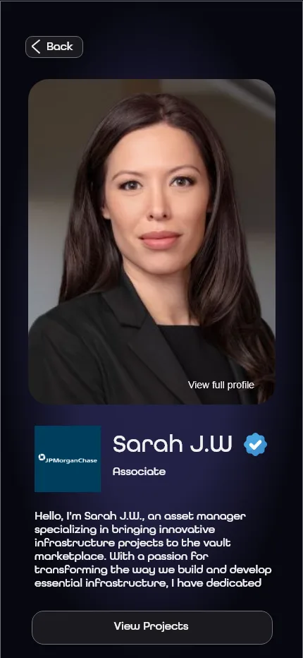 Asset manager profile screen for a verified infrastructure specialist