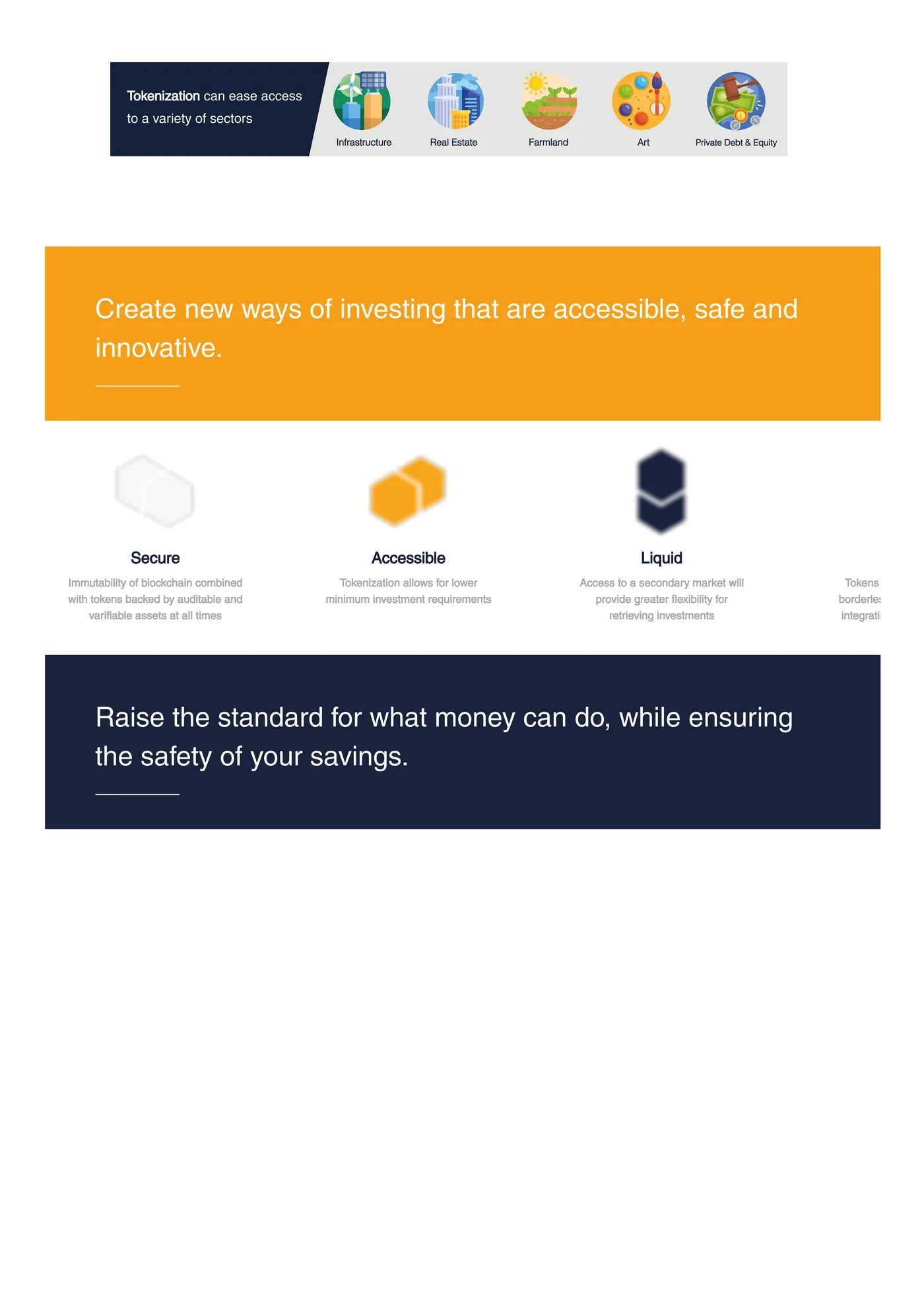 Deck page: create new ways of investing that are accessible, safe and innovative, with secure, accessible and liquid pillars