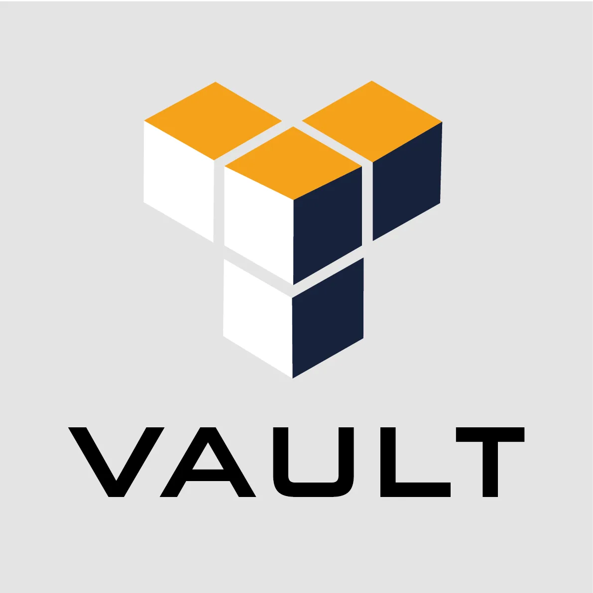 Vault logo: an isometric cube built from amber and navy faces above the VAULT wordmark