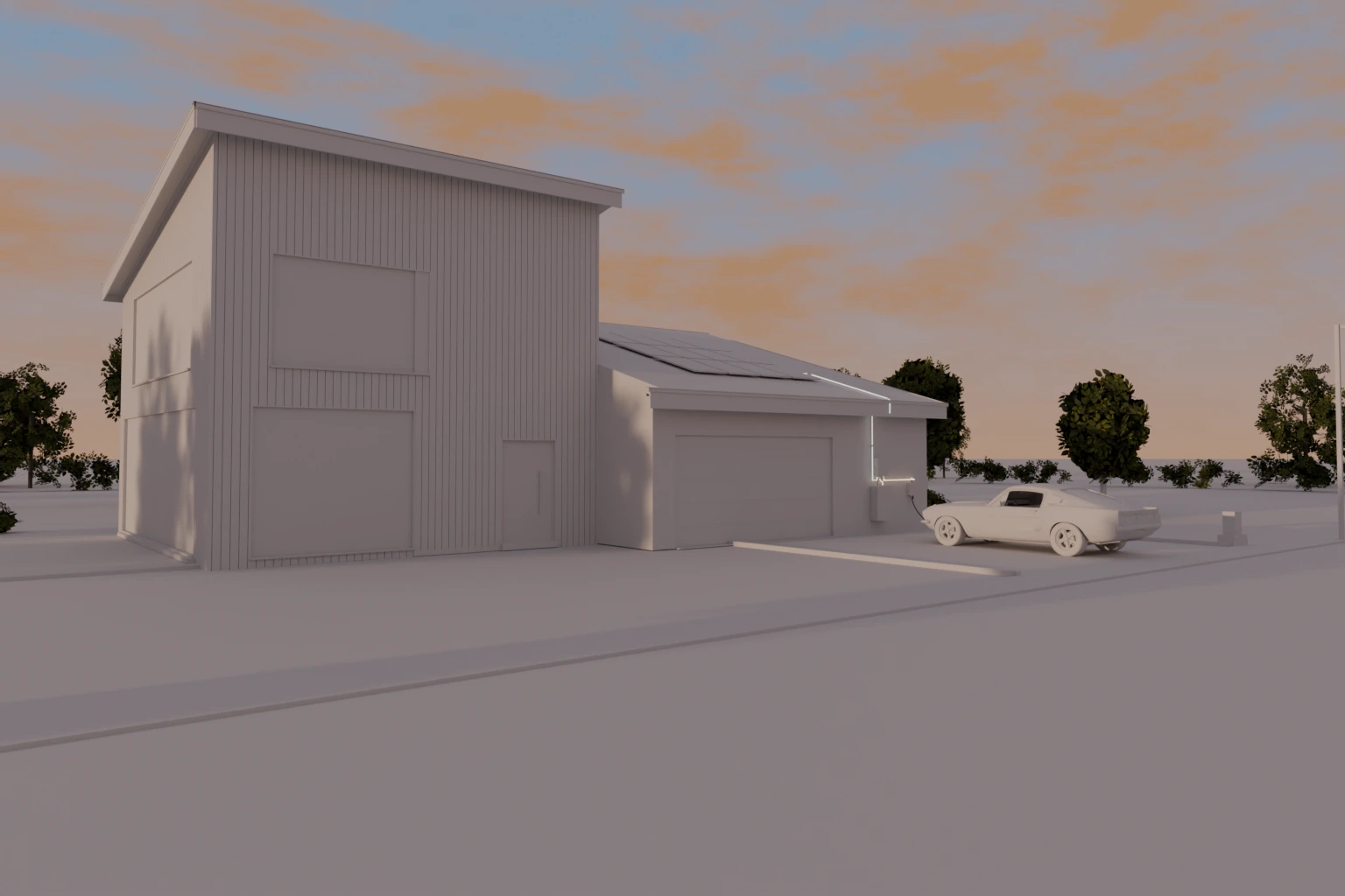 The 3D model of the house in plain clay, same camera