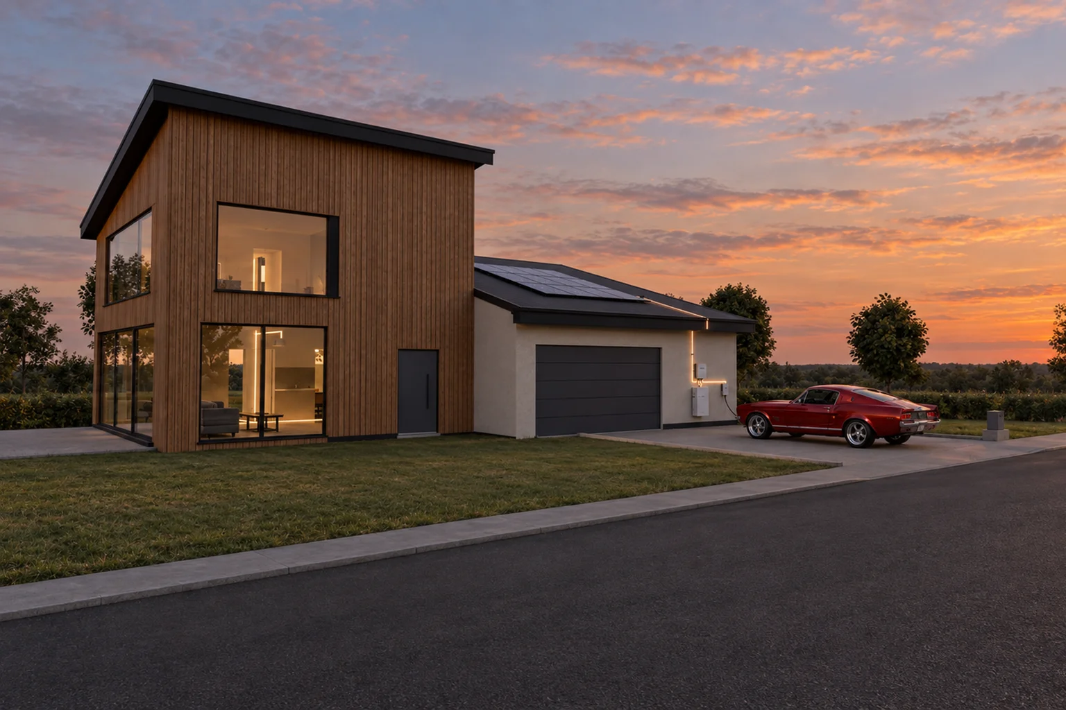 Sunset picture of the house, rendered from the same model